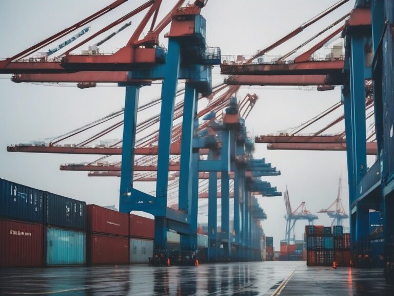Ảnh minh họa Section 301 Taiwan: bến container tại một cảng biển châu Á với các chồng container và cần cẩu giàn, không có người và không có chữ đọc được
